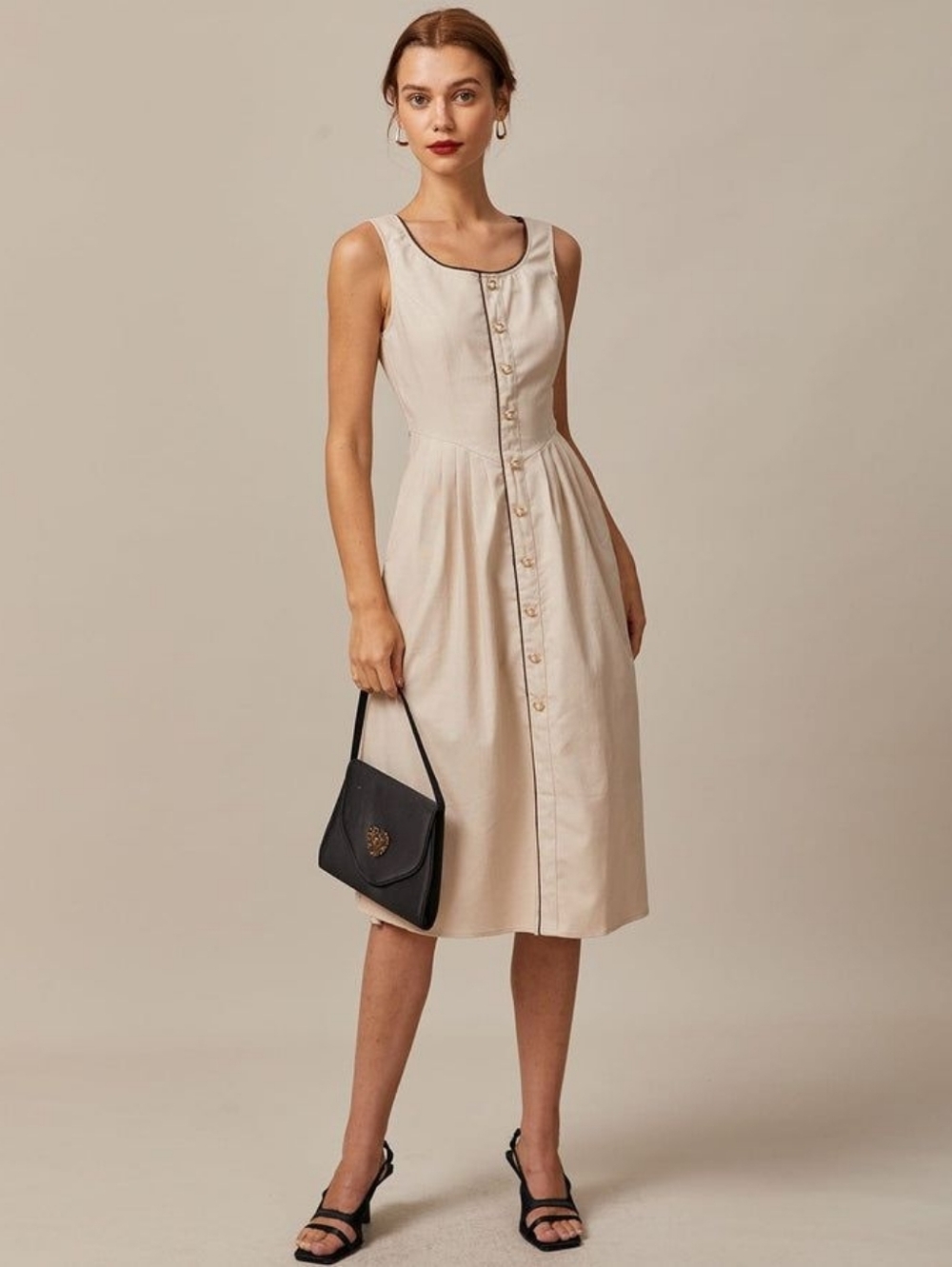 RIHOAS Beige Sleeveless Midi Dress